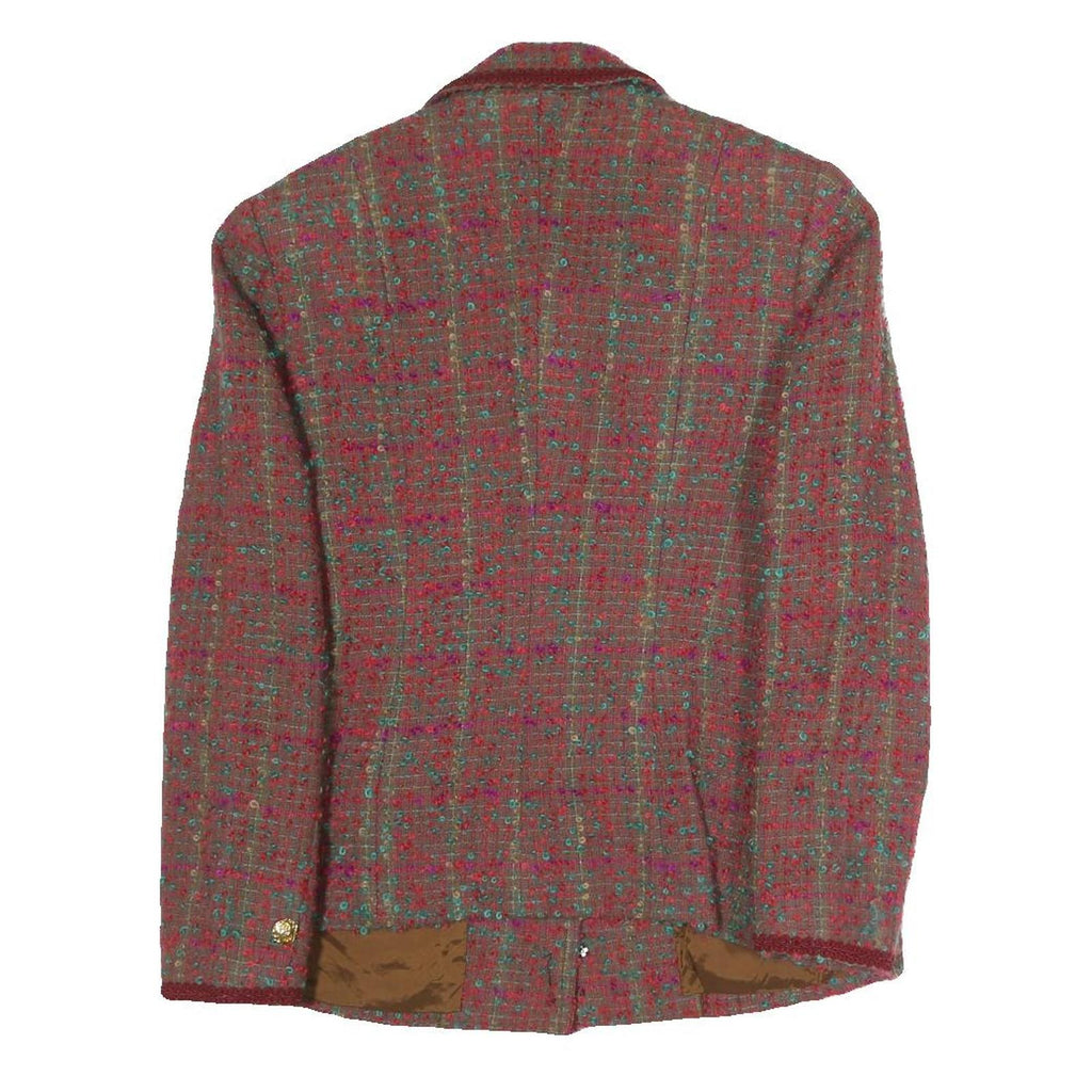 Womens Red Check Blazer Cotton Blend S Classic Fit Button Closure Long Sleeve