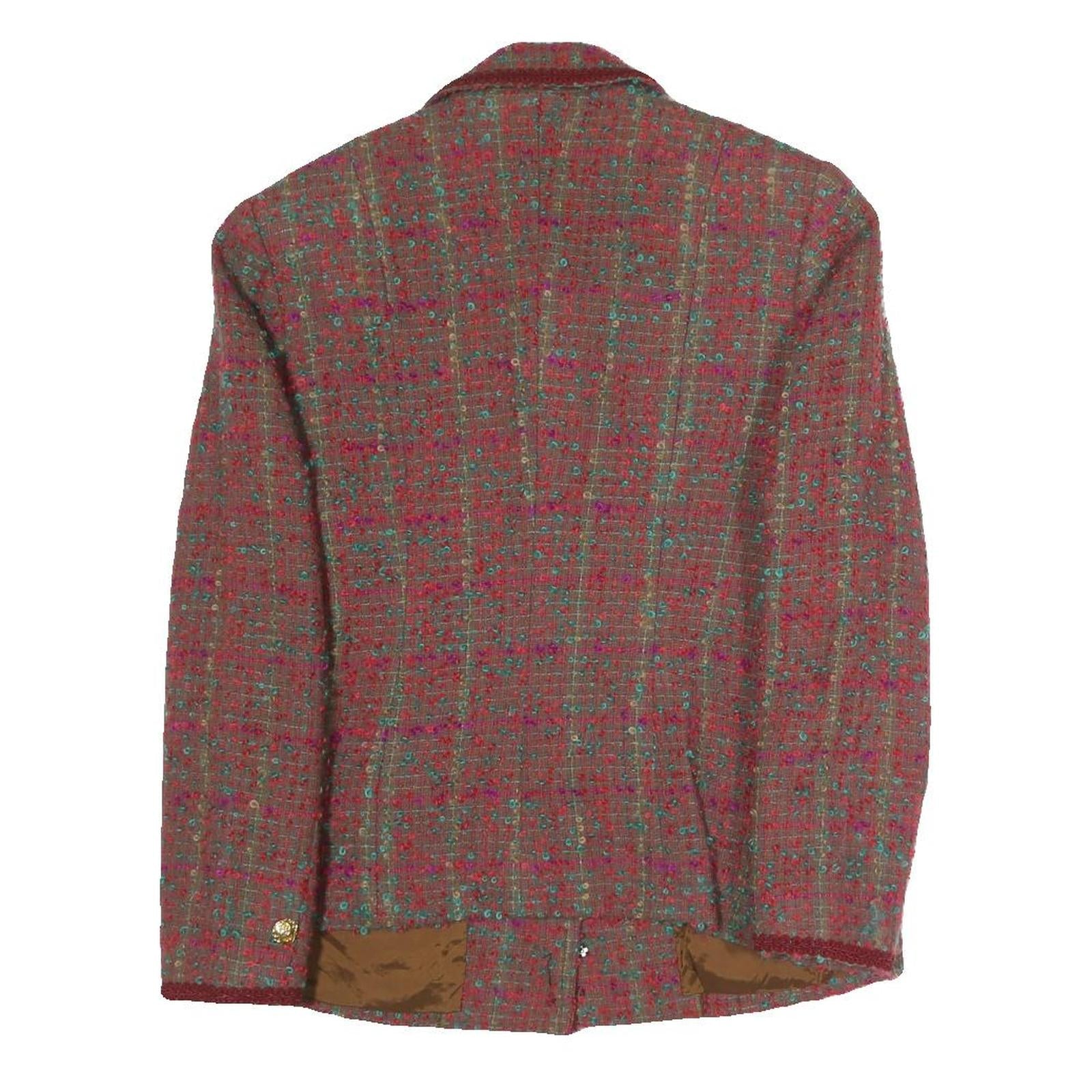 Womens Red Check Blazer Cotton Blend S Classic Fit Button Closure Long Sleeve