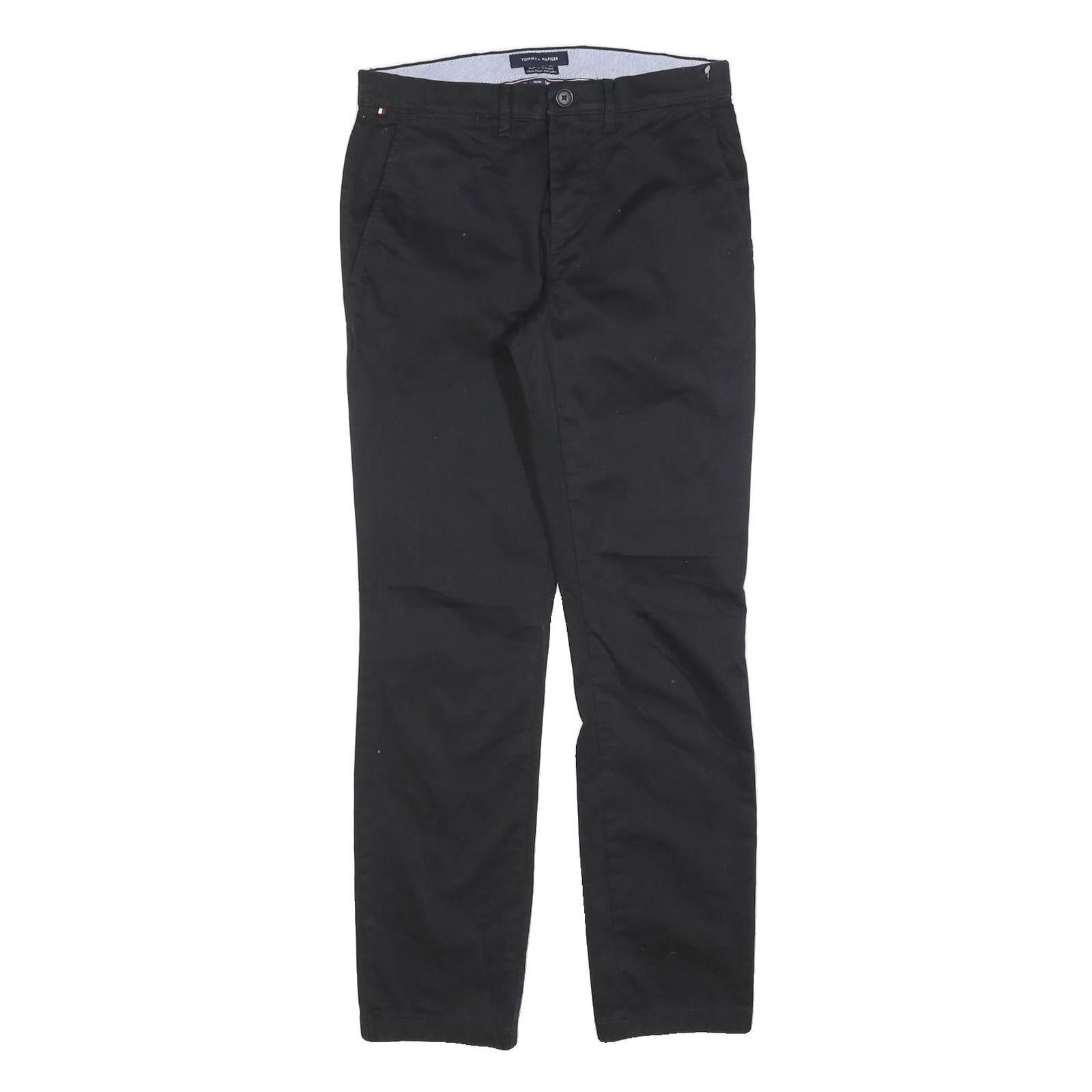 TOMMY HILFIGER Mens Cotton Blend Black Slim Straight Trousers W28 L30 Zip