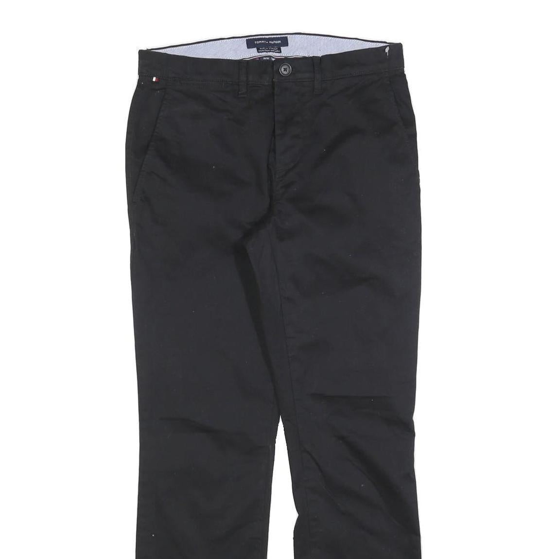 TOMMY HILFIGER Mens Cotton Blend Black Slim Straight Trousers W28 L30 Zip