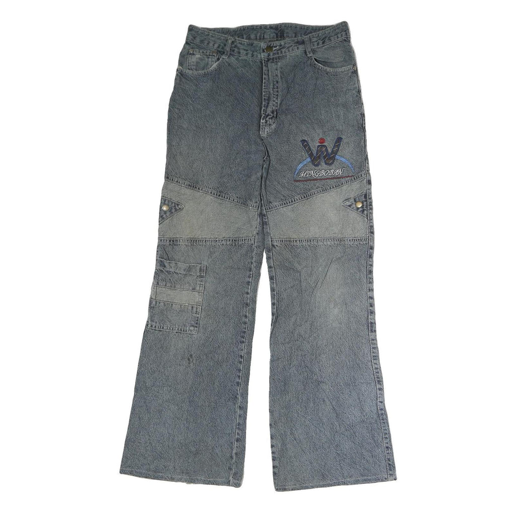 MING BOBAN Mens Regular Fit Blue Denim Jeans W28 L28 Unique Patchwork Style