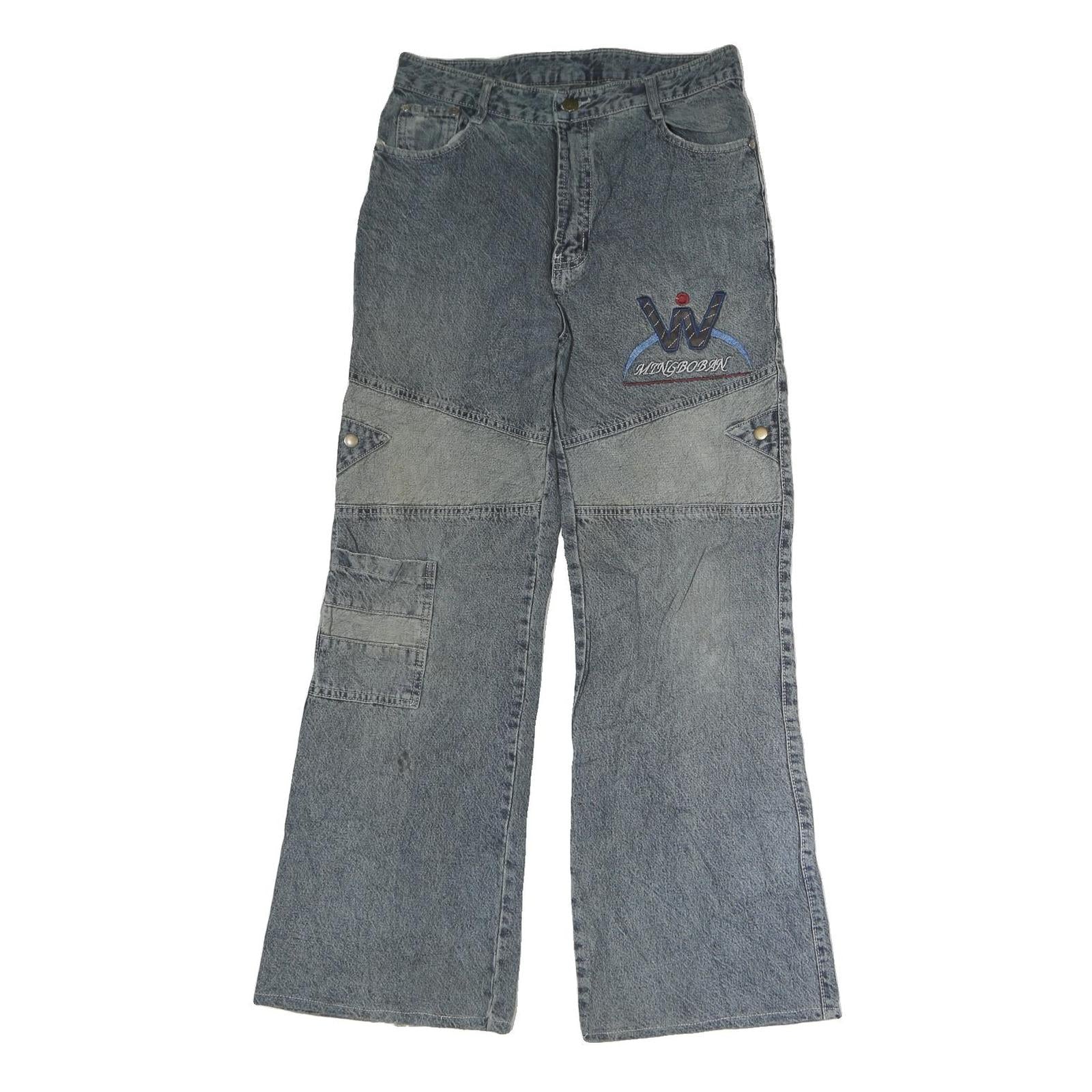 MING BOBAN Mens Regular Fit Blue Denim Jeans W28 L28 Unique Patchwork Style