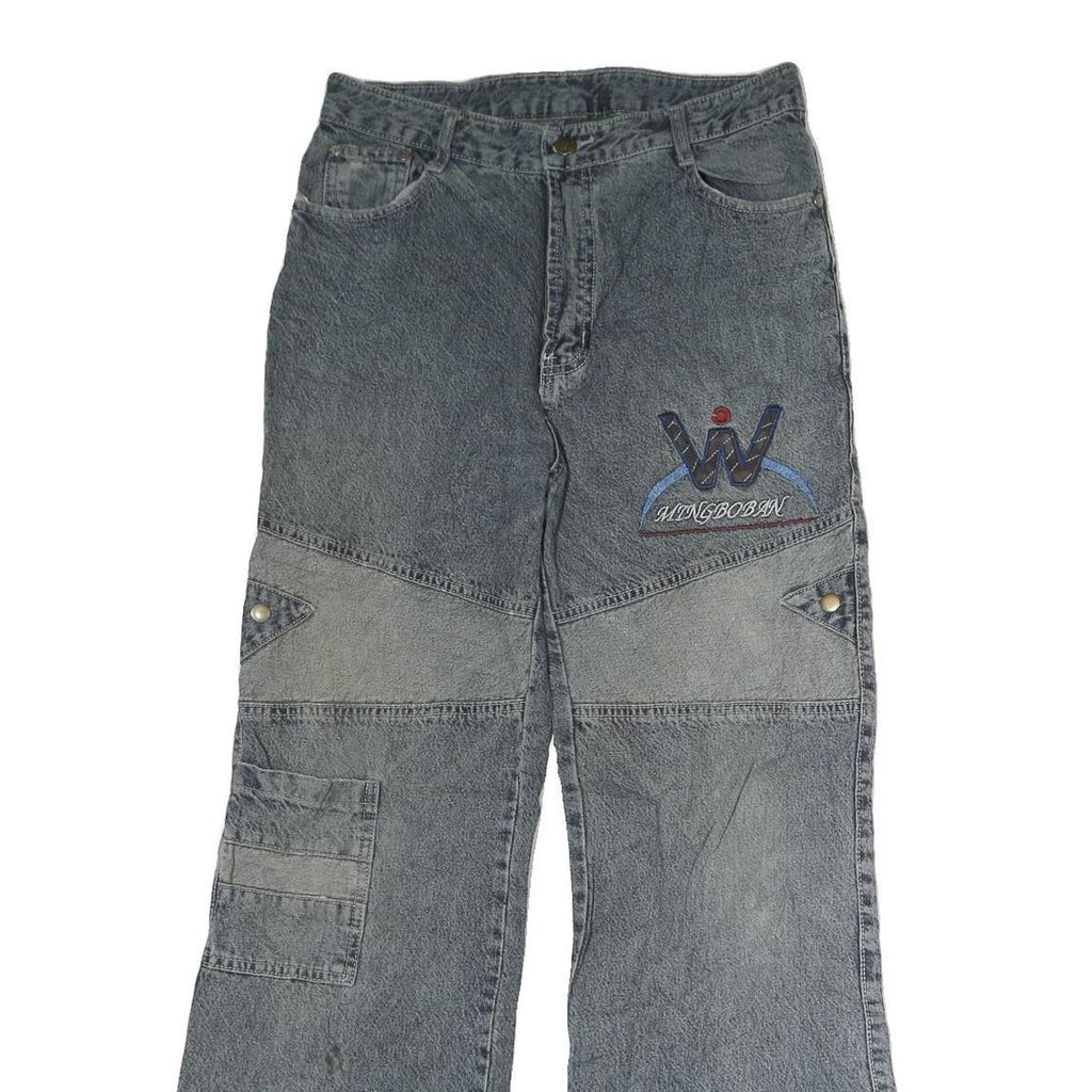 MING BOBAN Mens Regular Fit Blue Denim Jeans W28 L28 Unique Patchwork Style