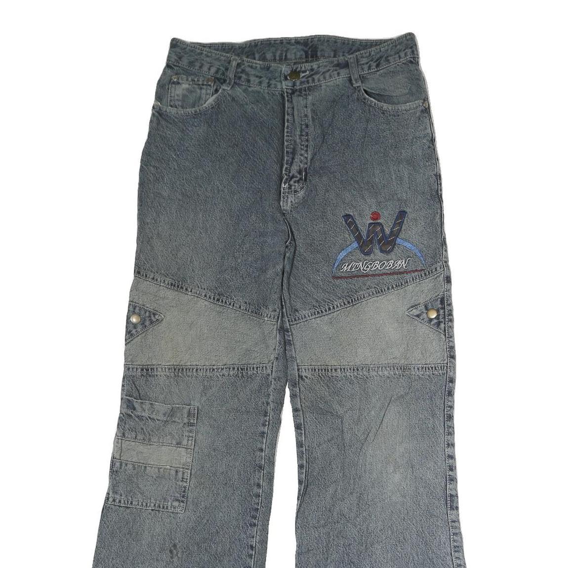 MING BOBAN Mens Regular Fit Blue Denim Jeans W28 L28 Unique Patchwork Style