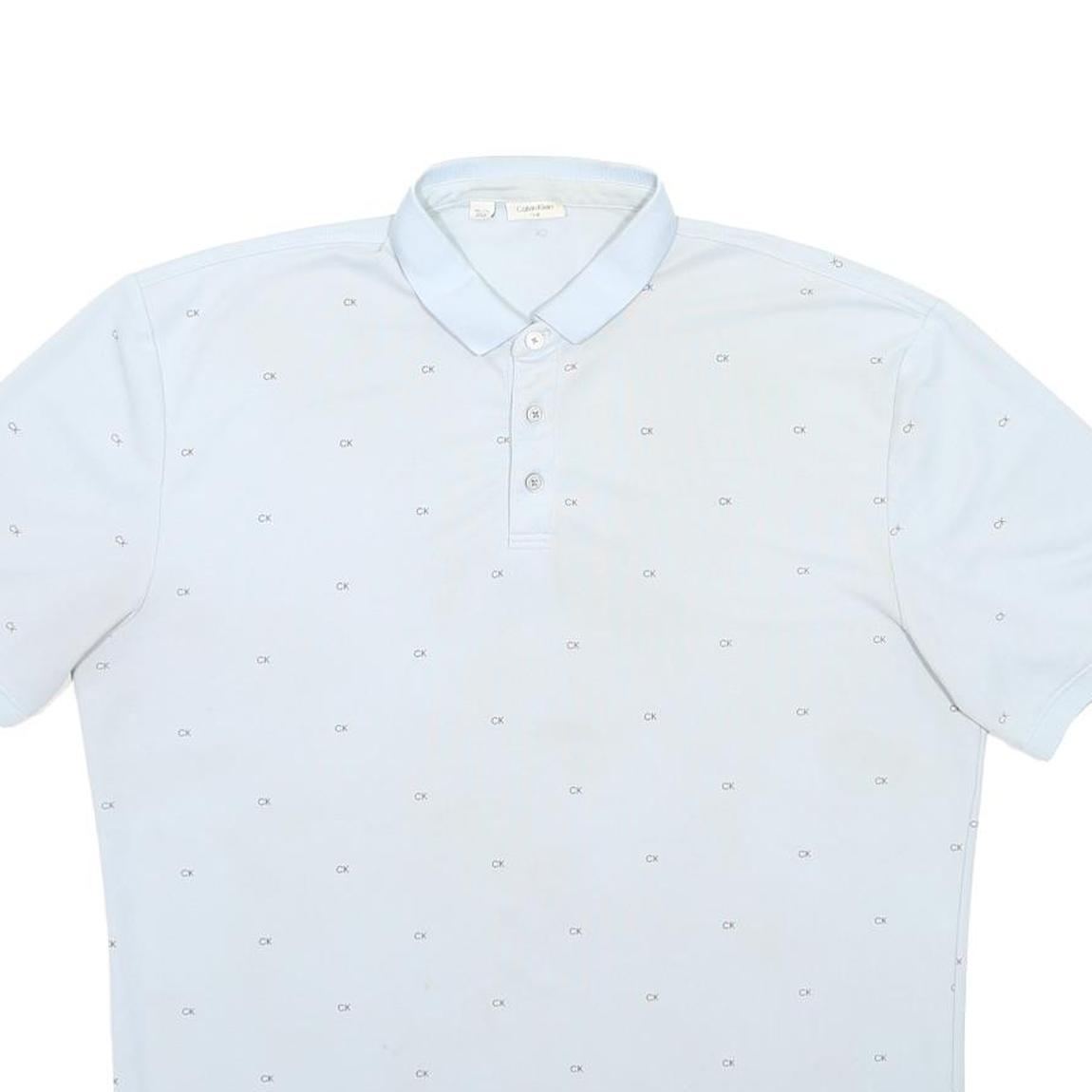 CALVIN KLEIN Mens Light Blue Polo Shirt Cotton Blend Short Sleeve All Over Logo