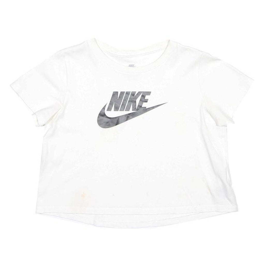 NIKE Girls White Black Logo Graphic T-Shirt L Short Sleeve Crew Neck Casual