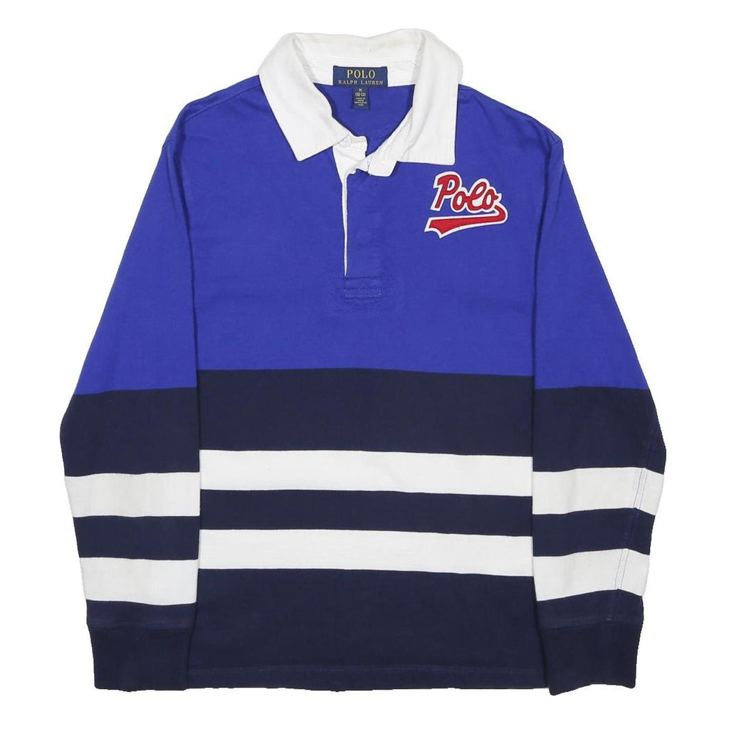 POLO RALPH LAUREN Boys Blue & Navy Striped Long Sleeve Logo M Cotton Blend Polo