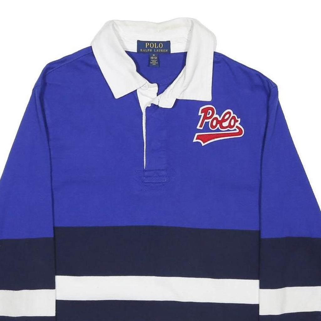 POLO RALPH LAUREN Boys Blue & Navy Striped Long Sleeve Logo M Cotton Blend Polo