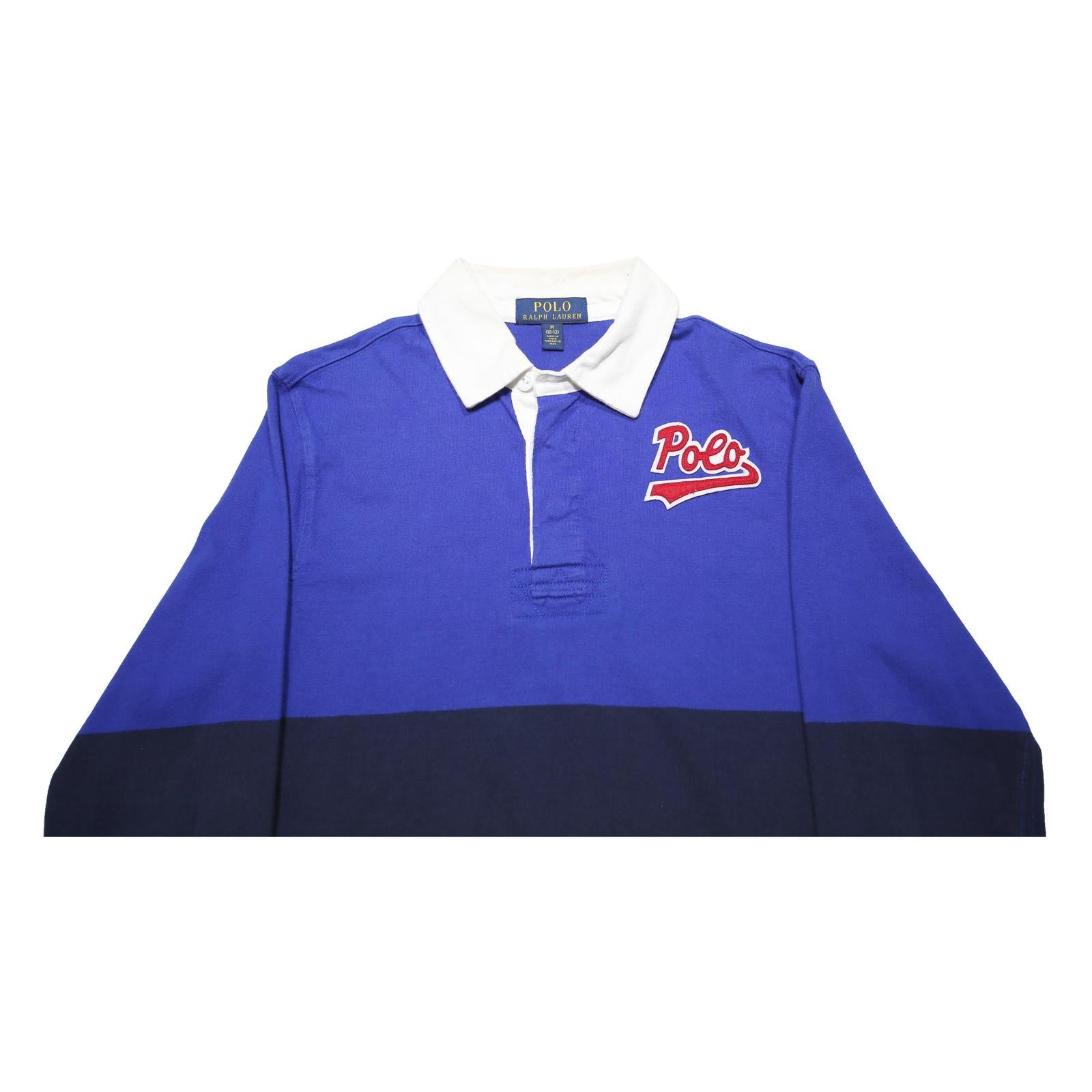 POLO RALPH LAUREN Boys Blue & Navy Striped Long Sleeve Logo M Cotton Blend Polo