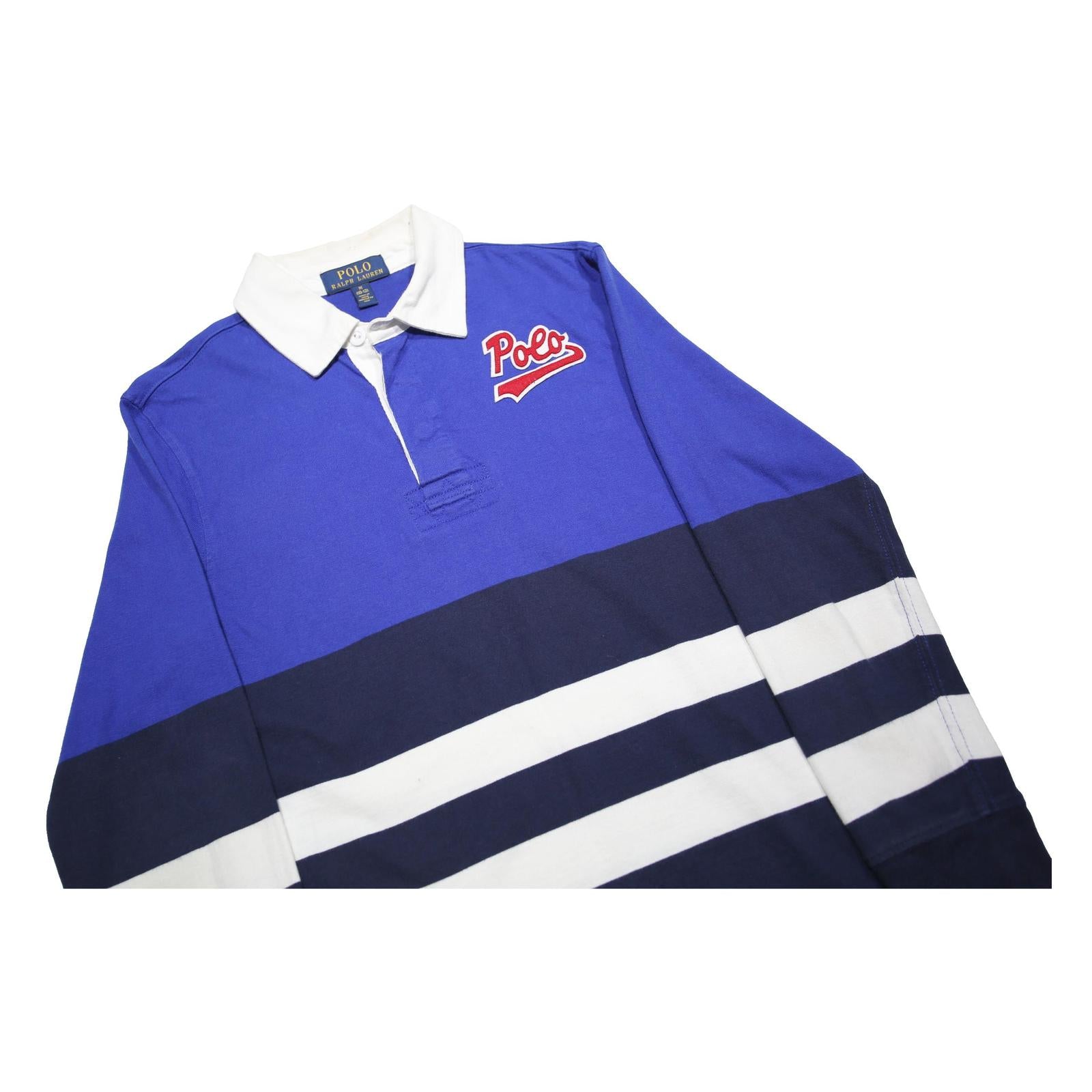 POLO RALPH LAUREN Boys Blue & Navy Striped Long Sleeve Logo M Cotton Blend Polo