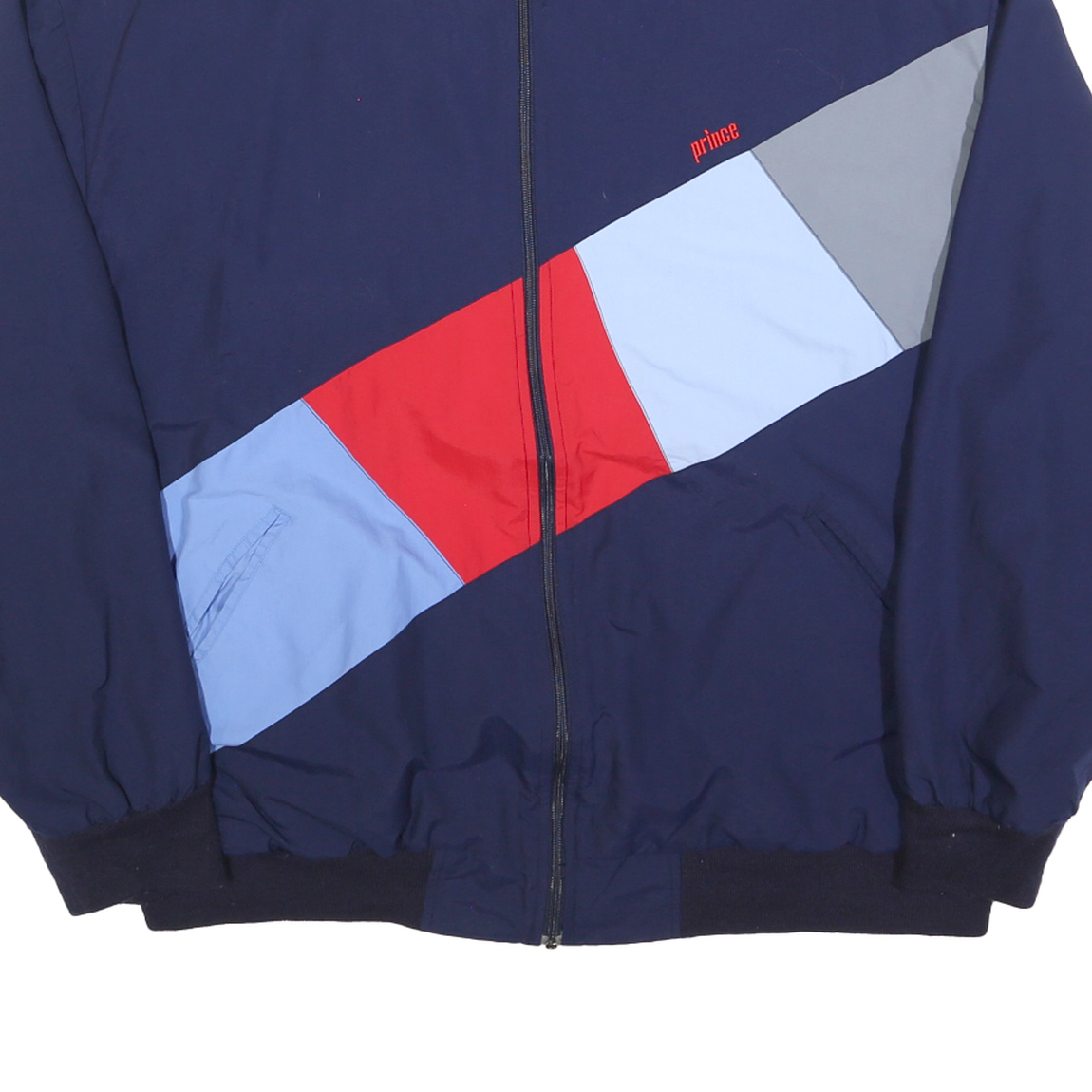 PRINCE Mens Navy Blue Red & Grey Colourblock Zip Jacket XL Nylon Casual