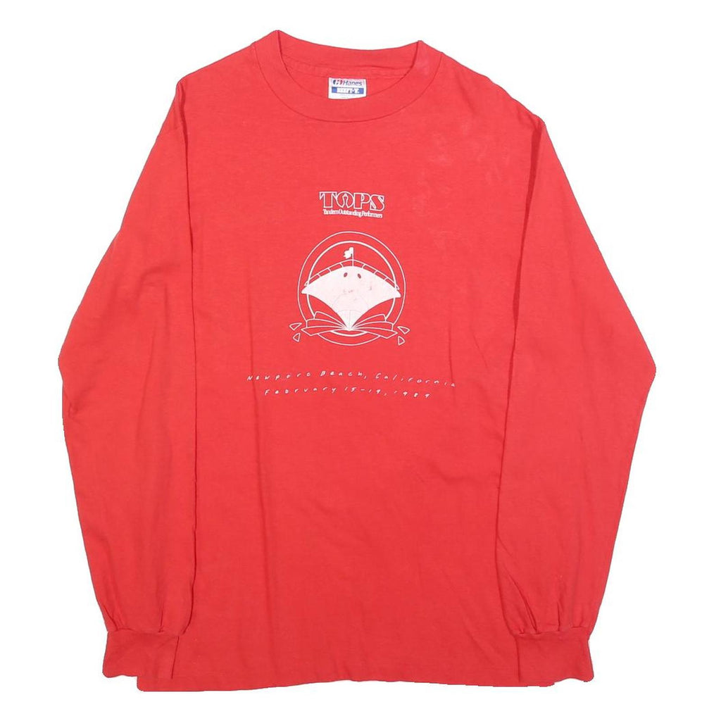 HANES Mens Red Graphic Long Sleeve Crew Neck Cotton Blend T-Shirt M Casual