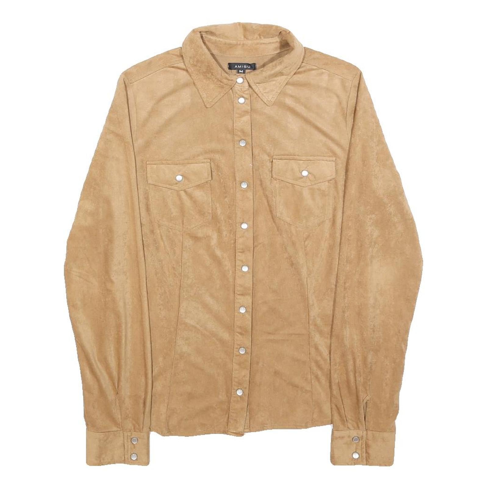 AMISU Womens Beige Shirt M Button Front Faux Suede Casual Stylish