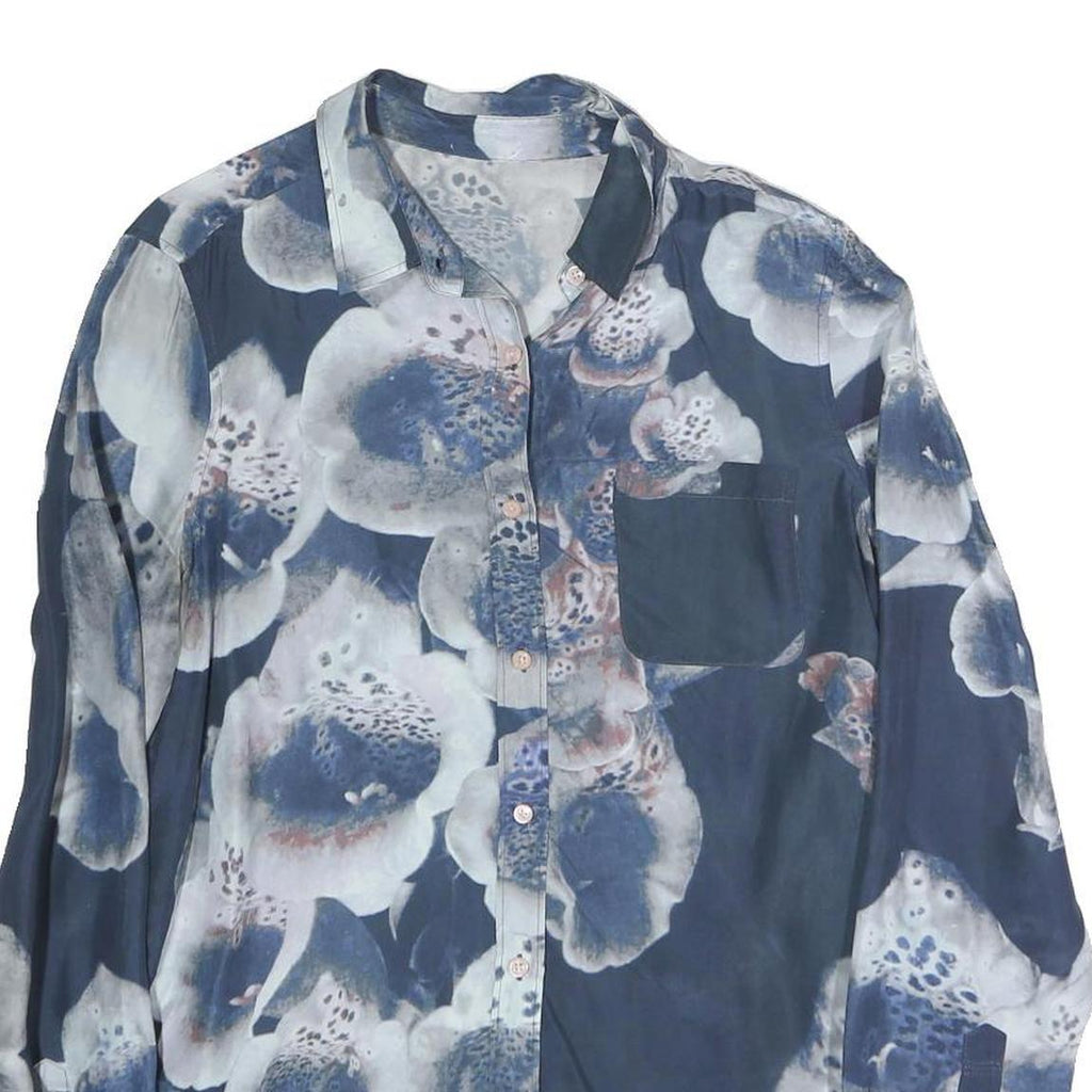 Womens Blue Floral Shirt Long Sleeve Collared Cotton Blend S Stylish