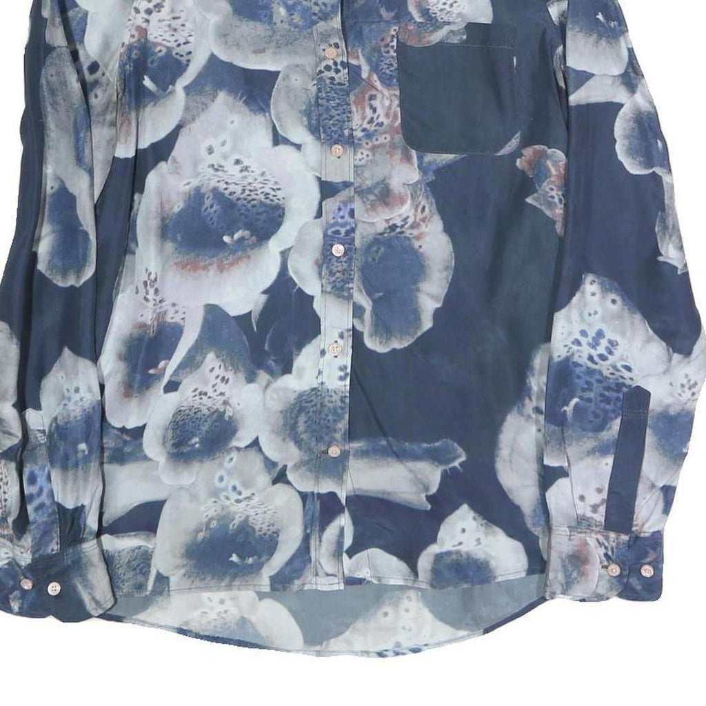 Womens Blue Floral Shirt Long Sleeve Collared Cotton Blend S Stylish