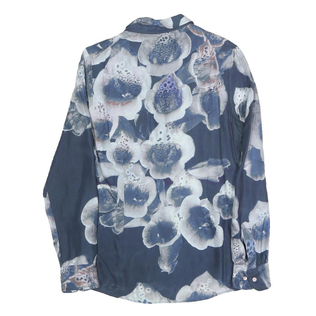Womens Blue Floral Shirt Long Sleeve Collared Cotton Blend S Stylish