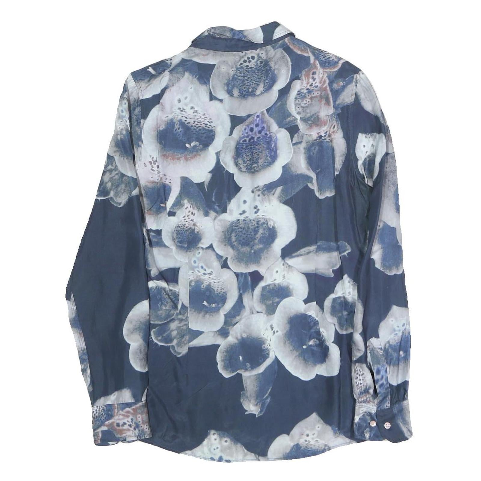 Womens Blue Floral Shirt Long Sleeve Collared Cotton Blend S Stylish
