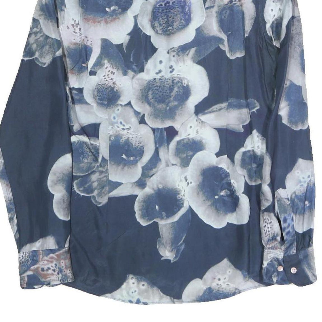 Womens Blue Floral Shirt Long Sleeve Collared Cotton Blend S Stylish