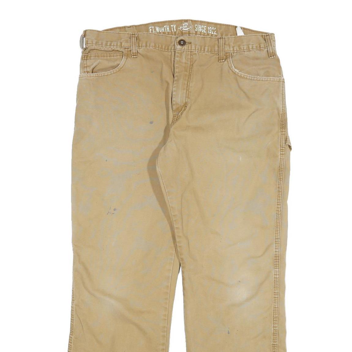 DICKIES Mens Cotton Blend Beige Regular Straight Trousers W34 L30 Workwear Zip