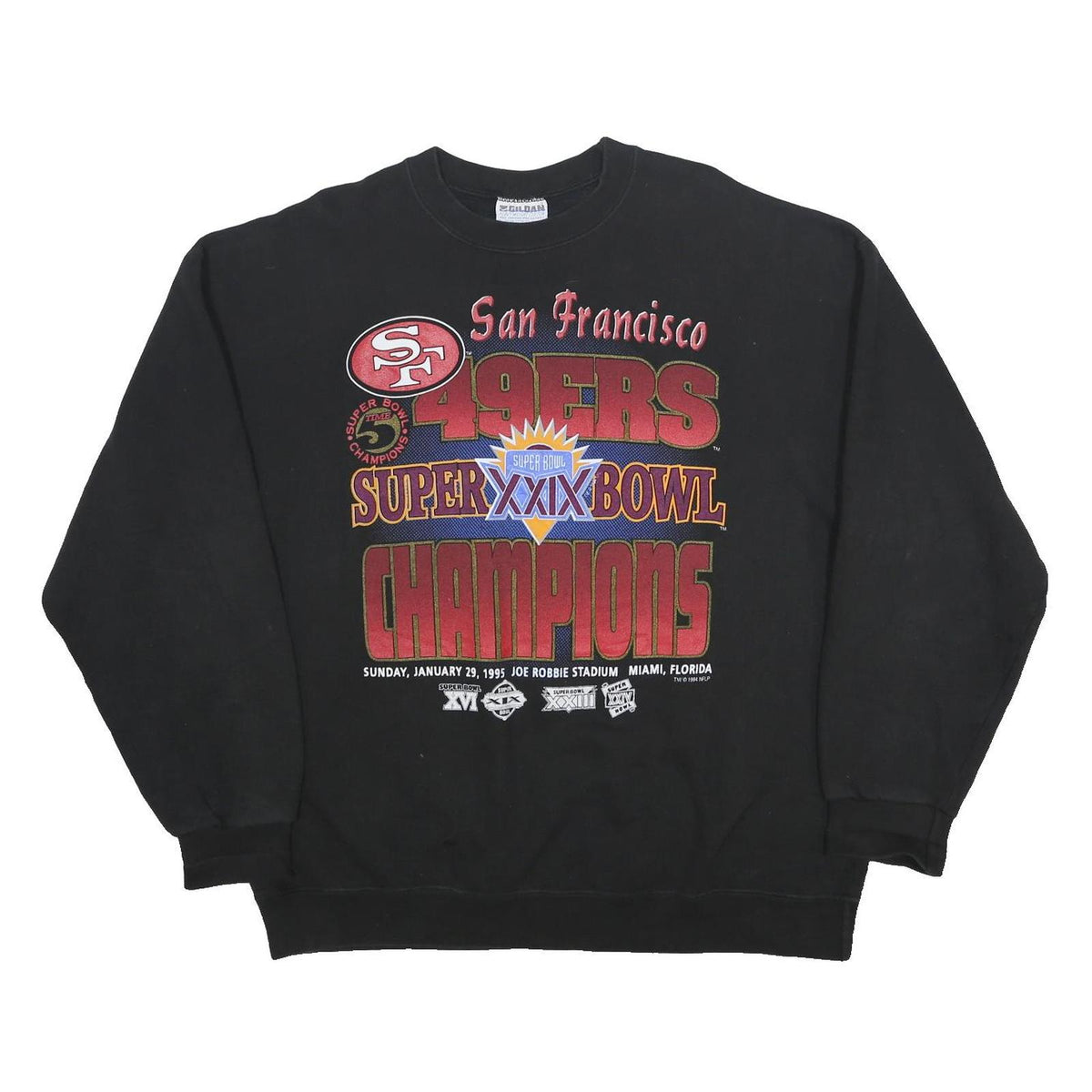 GILDAN Mens Black San Francisco 49ers XXIX Crew Neck XL Super Bowl Champions