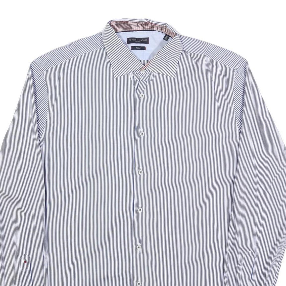 TOMMY HILFIGER Mens Blue & White Striped Shirt M Cotton Blend Long Sleeve Button