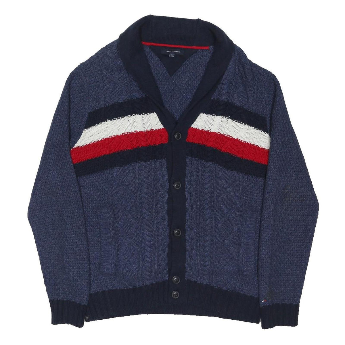 TOMMY HILFIGER Mens Blue Cardigan Patterned V-Neck Chunky Knit L Cable Knit