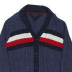 TOMMY HILFIGER Mens Blue Cardigan Patterned V-Neck Chunky Knit L Cable Knit