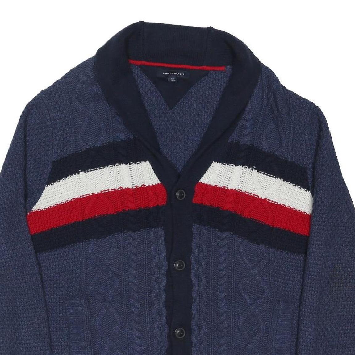 TOMMY HILFIGER Mens Blue Cardigan Patterned V-Neck Chunky Knit L Cable Knit