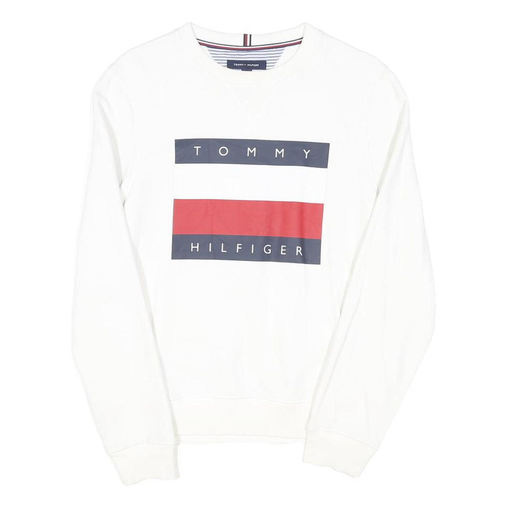 TOMMY HILFIGER Mens White Cotton Blend Crew Neck Sweatshirt S Logo Print