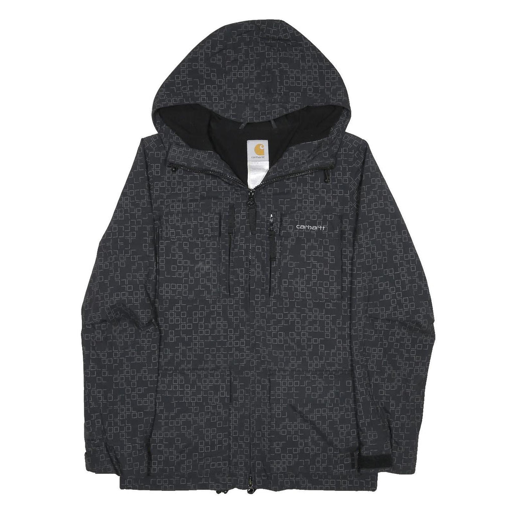 CARHARTT Mens Black Nylon Zip Jacket XS Woven Square Print Hooded Coat