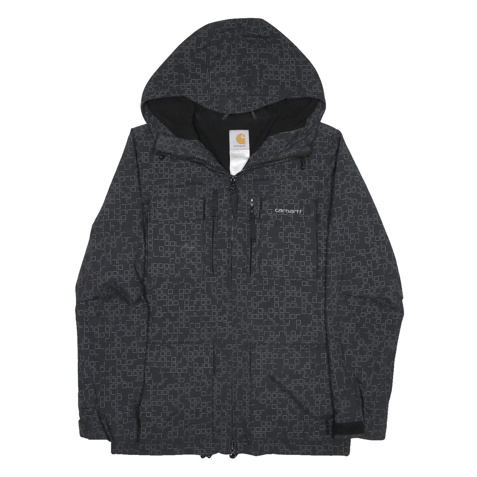 CARHARTT Mens Black Nylon Zip Jacket XS Woven Square Print Hooded Coat