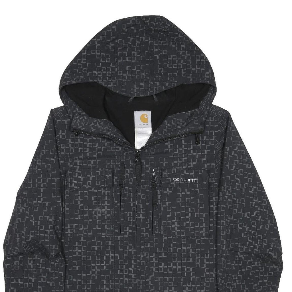 CARHARTT Mens Black Nylon Zip Jacket XS Woven Square Print Hooded Coat
