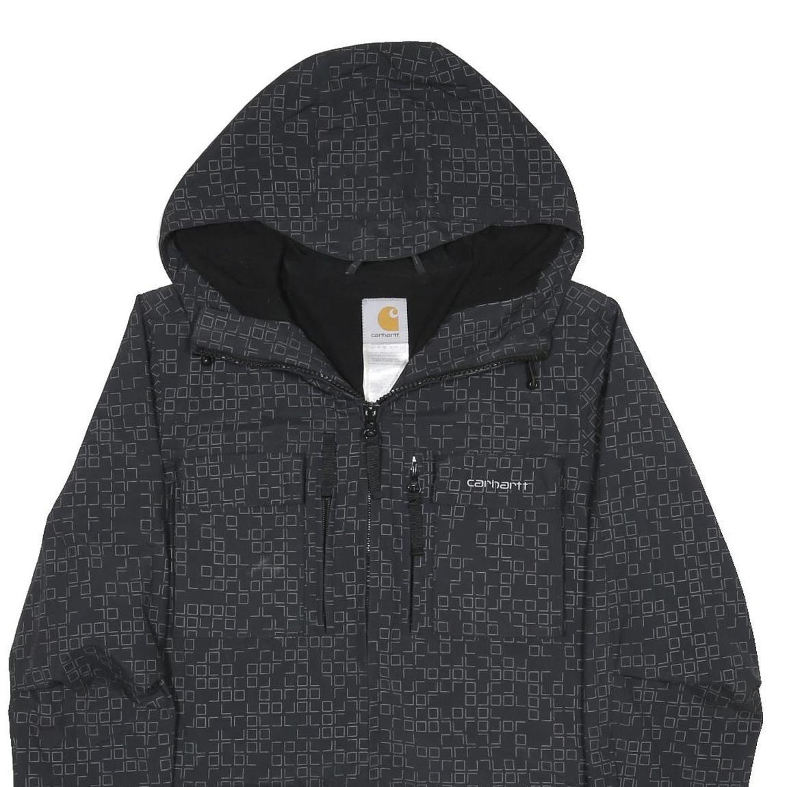 CARHARTT Mens Black Nylon Zip Jacket XS Woven Square Print Hooded Coat