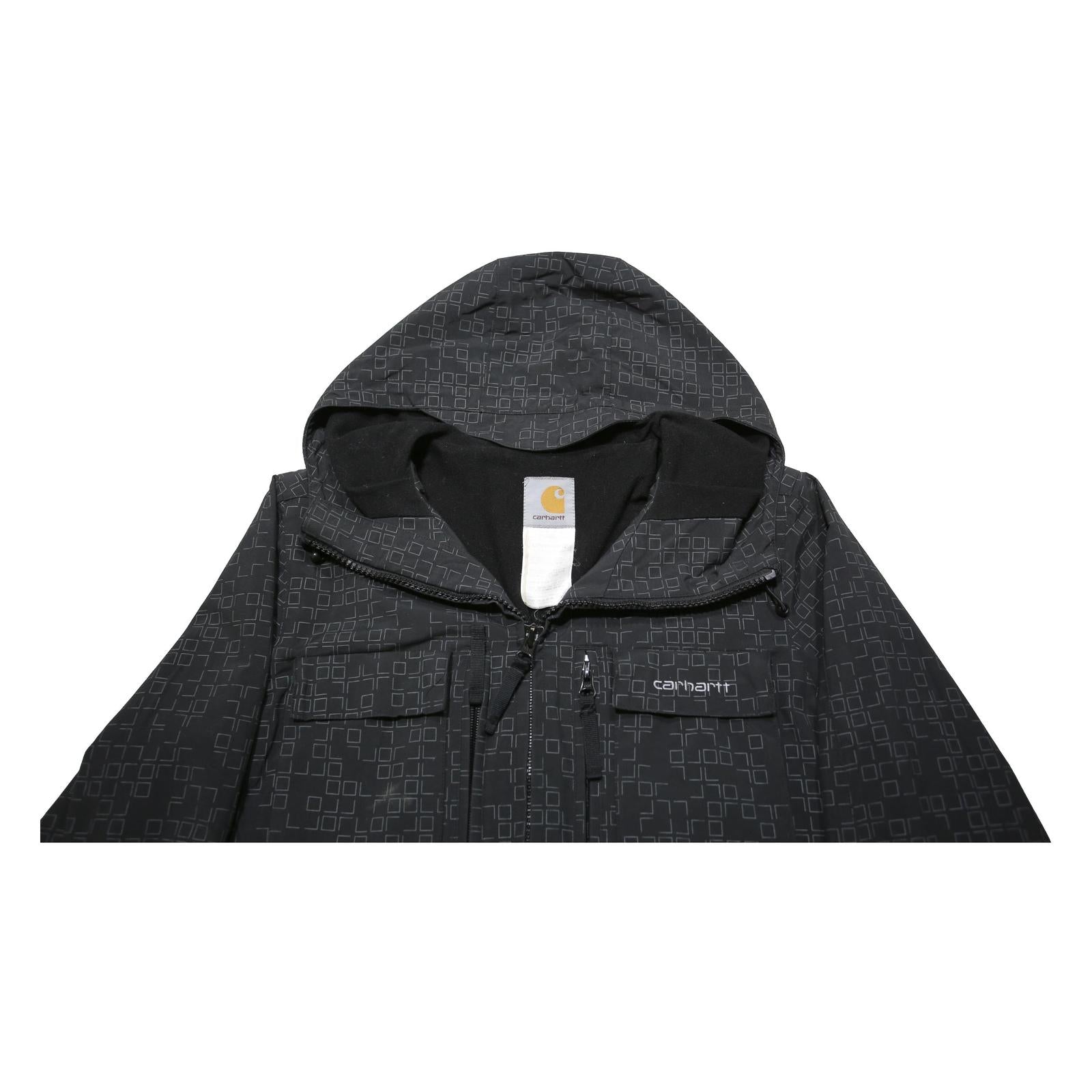 CARHARTT Mens Black Nylon Zip Jacket XS Woven Square Print Hooded Coat