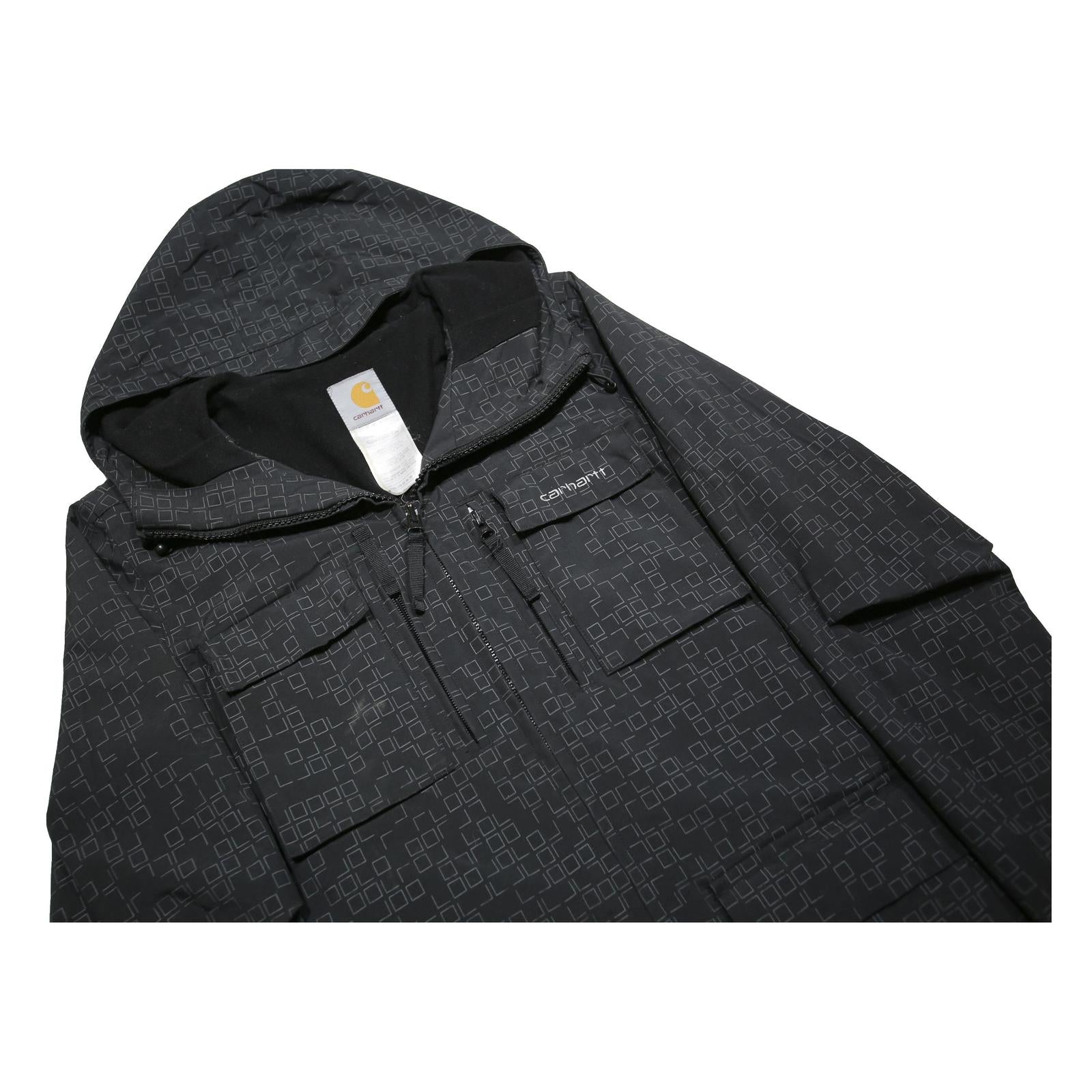 CARHARTT Mens Black Nylon Zip Jacket XS Woven Square Print Hooded Coat