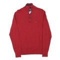 TOMMY HILFIGER Mens Red Cotton Blend Pullover Plain Half Zip Jumper L Casual