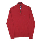 TOMMY HILFIGER Mens Red Cotton Blend Pullover Plain Half Zip Jumper L Casual