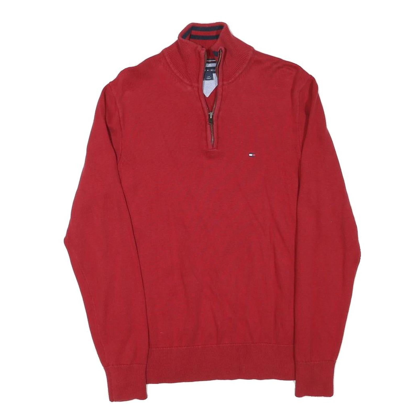 TOMMY HILFIGER Mens Red Cotton Blend Pullover Plain Half Zip Jumper L Casual