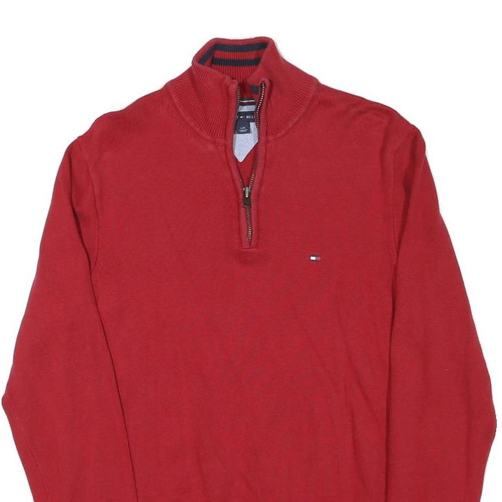 TOMMY HILFIGER Mens Red Cotton Blend Pullover Plain Half Zip Jumper L Casual