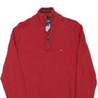 TOMMY HILFIGER Mens Red Cotton Blend Pullover Plain Half Zip Jumper L Casual