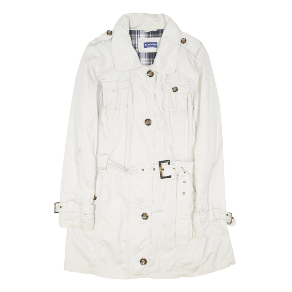 BIAGGINI Womens White Cotton Blend Belted Button Jacket L Plain Stylish Lined