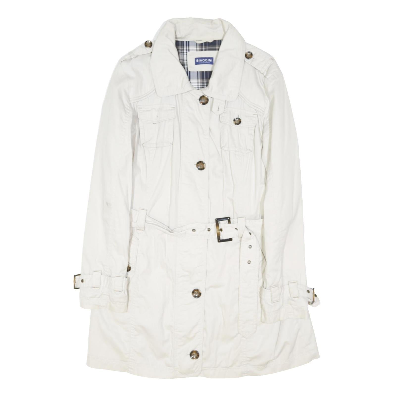 BIAGGINI Womens White Cotton Blend Belted Button Jacket L Plain Stylish Lined
