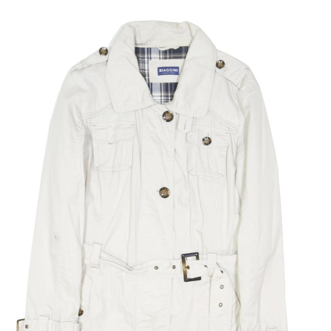 BIAGGINI Womens White Cotton Blend Belted Button Jacket L Plain Stylish Lined