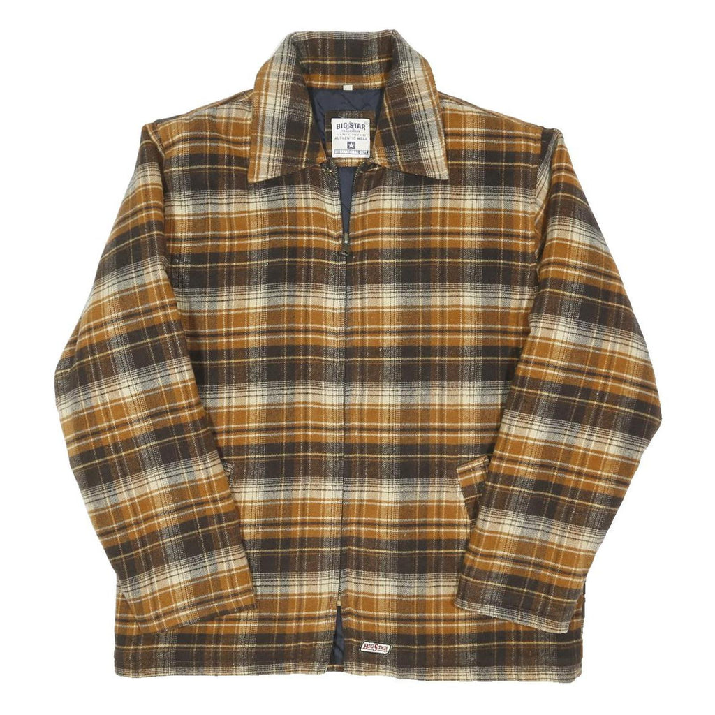 BIG STAR Mens Brown & Cream Check Zip Jacket L Cotton Blend Plaid Stylish