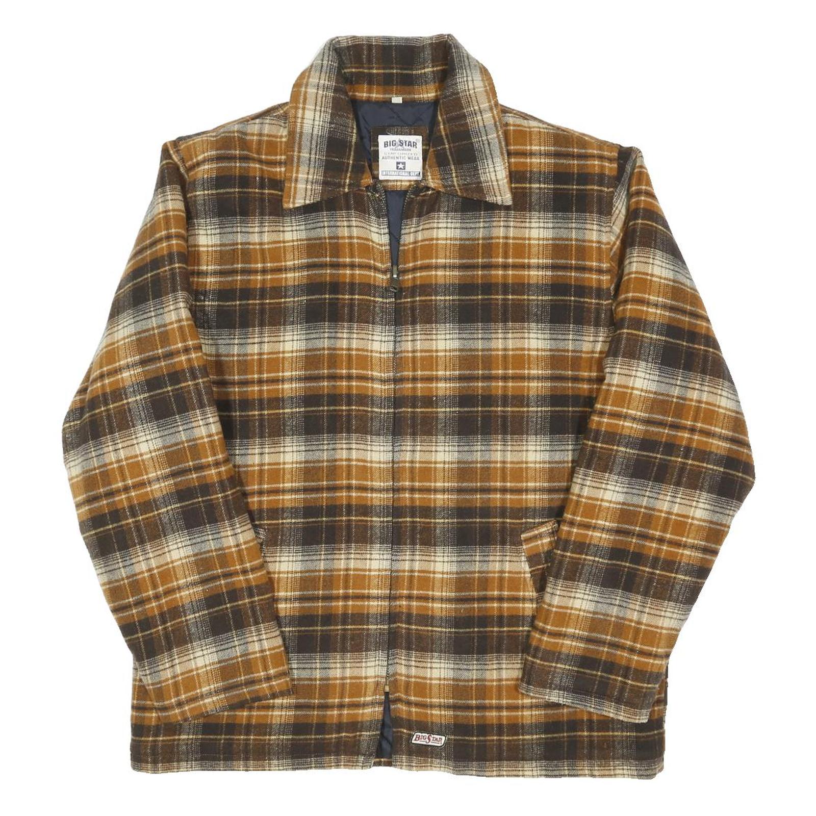 BIG STAR Mens Brown & Cream Check Zip Jacket L Cotton Blend Plaid Stylish