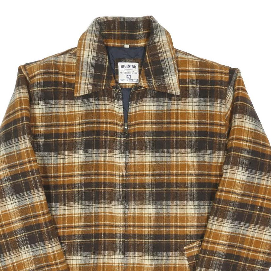 BIG STAR Mens Brown & Cream Check Zip Jacket L Cotton Blend Plaid Stylish
