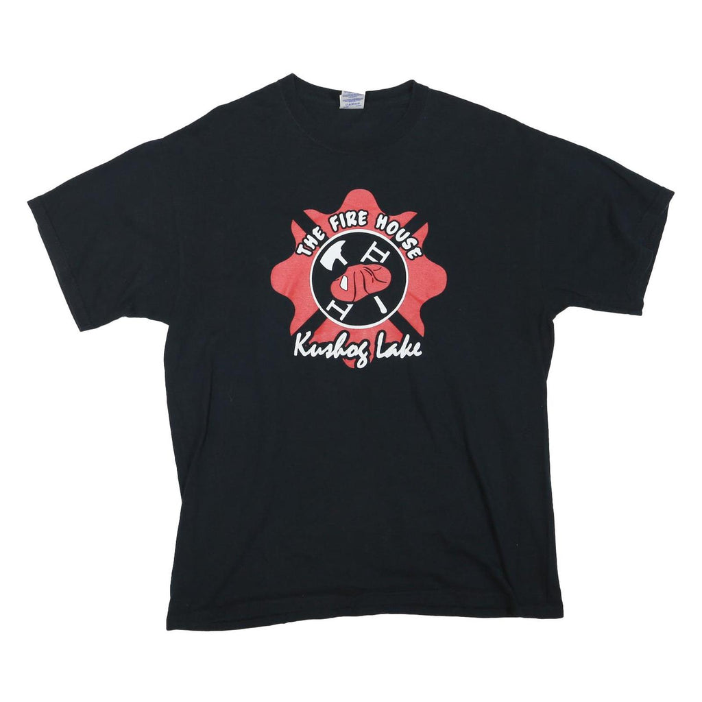 GILDAN Mens Black The Fire House Kushog Lake Graphic T-Shirt L Short Sleeve Crew
