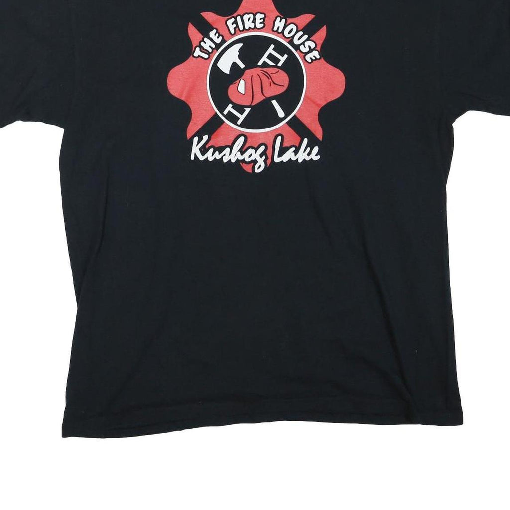 GILDAN Mens Black The Fire House Kushog Lake Graphic T-Shirt L Short Sleeve Crew