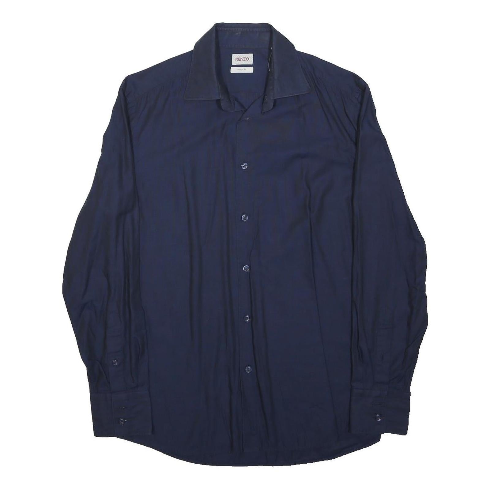 KENZO Mens Navy Blue Plain Shirt S Cotton Blend Classic Fit