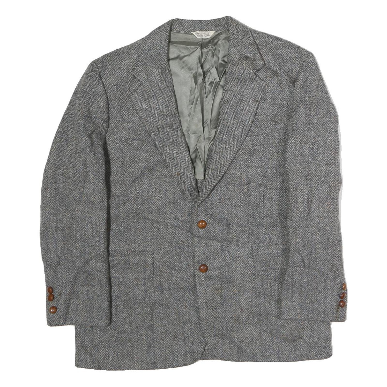 Mens Grey Button Cotton Classic Jacket Herringbone Pattern L L Vintage Style